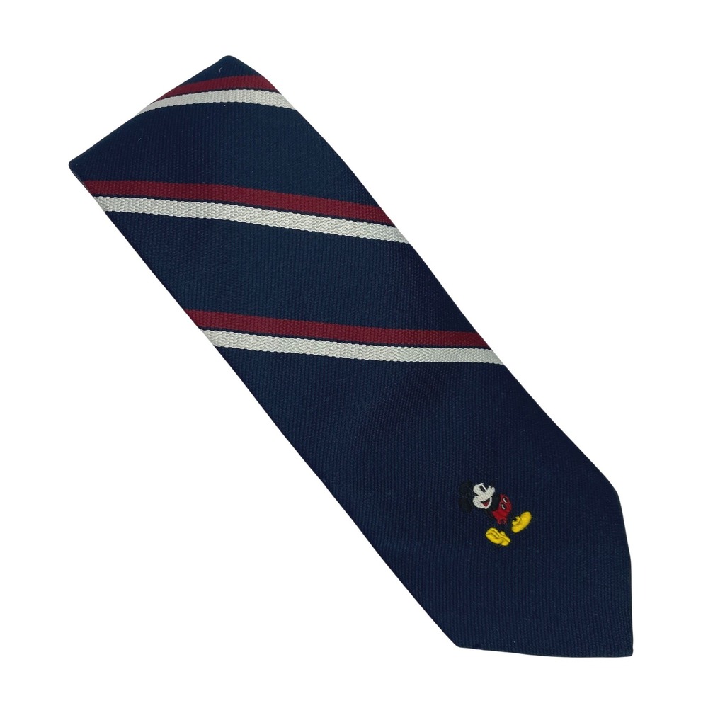 CERVANTES Disney Mickey Mouse Repp Tie Navy Red Striped Embroidered‎ Polyester
